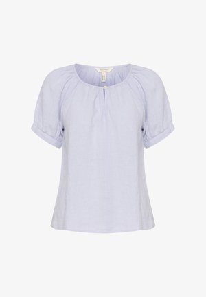 Bluză de culoare lavandă deschisă din in, cu mâneci scurte pufoase, decolteu rotund și un detaliu cu nasture central. Textură fină, croială lejeră.