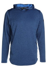 Felpa con cappuccio a maniche lunghe di colore blu, con tasche frontali, lacci regolabili e logo Under Armour sul colletto e sulle maniche.