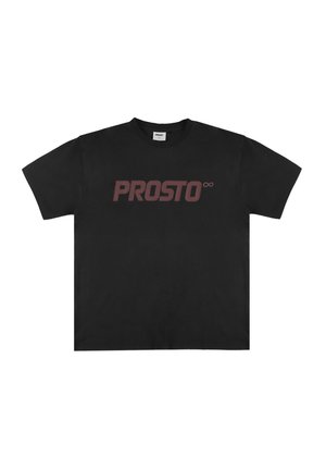 Czarna, krótkozasięczna koszulka wykonana z bawełny, z dużym, bordowym nadrukiem "PROSTO∞" na przodzie. Klasyczny dekolt typu crew.