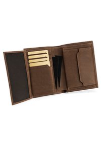 Brown leather wallet with multiple card slots, a black textured section, and a small pocket for additional storage. Smooth finish, functional design.
