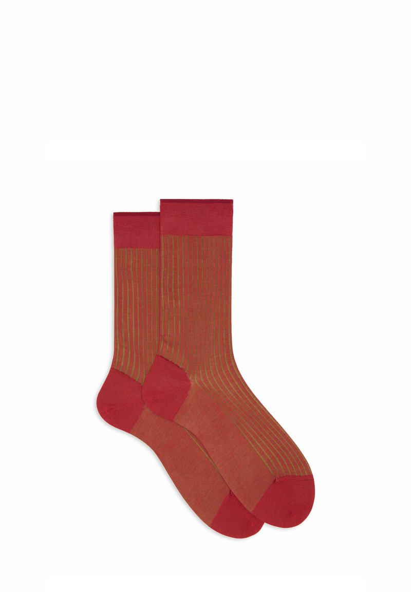 Red and green striped socks with ribbed texture, reinforced heel and toe, and solid color cuffs. Two pairs displayed together.