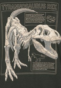 Schwarzes T-Shirt mit einem detaillierten weißen Skelett-Design eines Tyrannosaurus rex. Textfelder enthalten Informationen über den Dinosaurier und seine Größe.