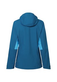 Veste imperméable bleue avec capuche, avec des panneaux bleu clair sous les bras, vue de dos sur un fond blanc.