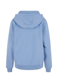 Svetlomodrá mikina s klokankou, kapucňou na šnúrky a rebrovanými manžetami. Hladký povrch s jednoduchým, nezdobeným dizajnom.