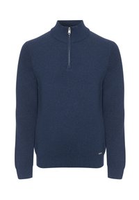 Dunkelblauer Pullover aus weichem Strickmaterial, mit einem halben Reißverschluss am Kragen, langen Ärmeln und einem kleinen Markenlogo am Saum.