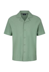Camicia a maniche corte con bottoni in morbido tessuto verde chiaro testurizzato. Presenta un colletto aperto, sei bottoni e orlo dritto.
