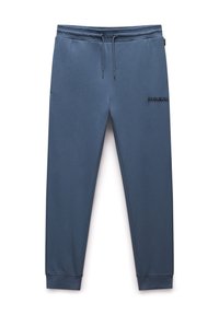Blue sweatpants made from soft cotton blend. Features an elastic waistband with drawstring, ribbed cuffs, and a logo on the lower leg.