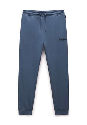 Pantaloni tuta blu realizzati in morbido misto cotone. Presentano un elastico in vita con cordino, polsini a costine e un logo sulla parte inferiore della gamba.