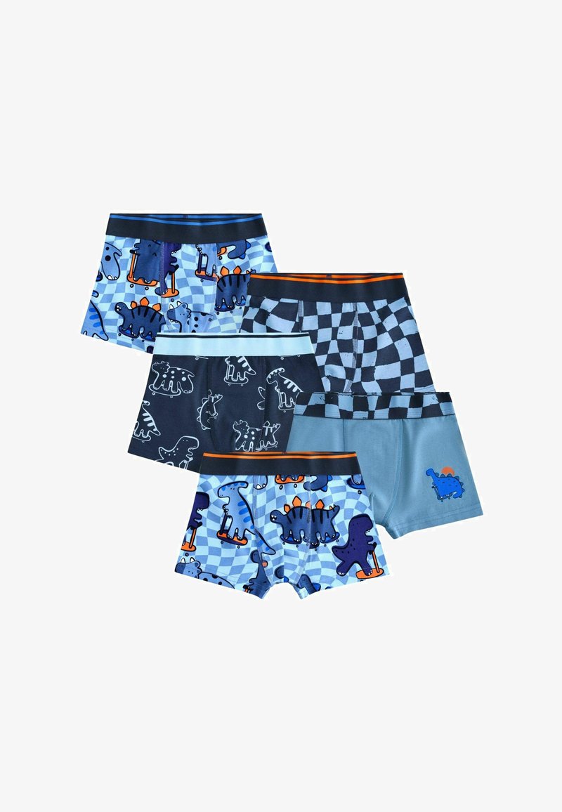 Quatre paires de boxers pour garçons. Les motifs incluent des dinosaures et des carreaux. Les couleurs sont bleu, marine et bleu clair. Tissu doux avec des ceintures élastiques.
