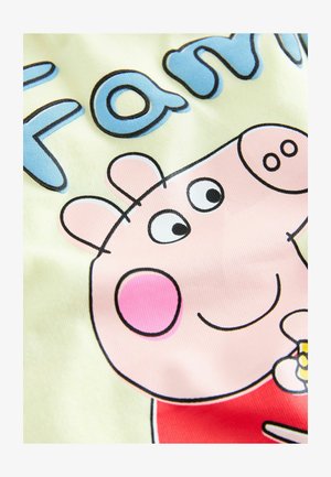 Kollane kangas, millel on joonis multifilmi siga, millel on roosa nägu, roosad põsed ja punane särk. Üle tegelase on sinine tekst, mis ütleb "Pereliikmed".