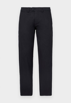 Schwarze Baumwollhose mit geradem Schnitt, ausgestattet mit einem vorderen Knopfverschluss und Bundschlaufen. Glatte Textur ohne sichtbare Muster.