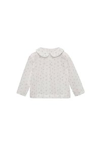 Blusa bianca a maniche lunghe con colletto Peter Pan, caratterizzata da un motivo floreale in colori pastello su tutta la stoffa.
