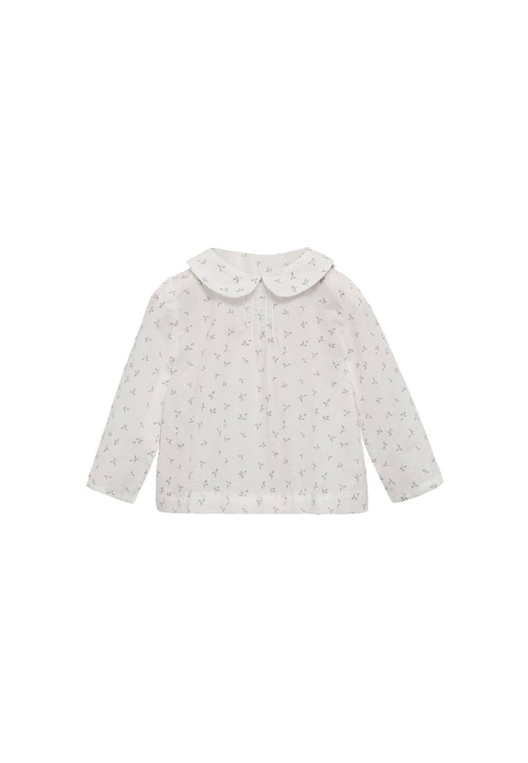 Blusa bianca a maniche lunghe con colletto Peter Pan, caratterizzata da un motivo floreale in colori pastello su tutta la stoffa.