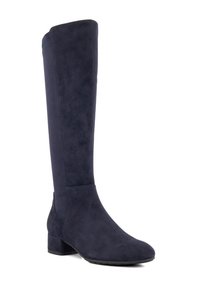 Purple suede knee-high boot with a rounded toe and low block heel; smooth texture and seamless design without visible hardware or accents.