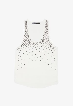 Witte mouwloze tanktop met verspreide kleine ronde zwarte studs, geconcentreerd bij de halslijn en schouders, gelabeld Bimba y Lola.