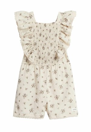 Grenouillère pour bébé de couleur crème avec imprimé floral marron, corsage smocké, manches à volants et bordures festonnées sur le short.