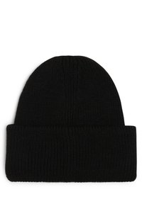 Black knit beanie with a ribbed texture and a folded cuff. Made from a soft, stretchy material for warmth and comfort.