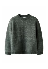 Pull en tricot vert avec un col rond, ourlet et poignets côtelés. Tissu texturé avec une finition douce, offrant une coupe décontractée.