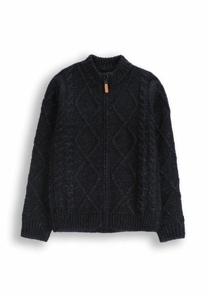 Granatowy sweter z wysokim kołnierzem, zapinany na zamek, z dzianiny, ozdobiony diamentowymi wzorami, z prążkowanymi mankietami i dolnym wykończeniem oraz jasnobrązowym skórzanym uchwytem na suwak.