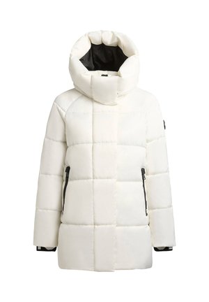 Weiße Pufferjacke mit Kapuze, ausgestattet mit einem gesteppten Design, schwarzen Reißverschlusstaschen und strukturiertem Stoff, der einen modernen Look bietet.