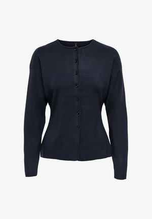 Marineblauer Cardigan mit langen Ärmeln, Knopfleiste, rundem Ausschnitt und geripptem Strickmuster.