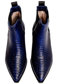 Niebieskie botki za kostkę z wężowej skóry, o spiczastych noskach, gładkiej teksturze, z dwoma pętelkami do zakładania na kołnierzu. Czarne elastyczne panele boczne. Płaska podeszwa.