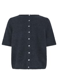Cardigan gris foncé à manches courtes avec une rangée de boutons blancs s'étendant verticalement dans le dos.