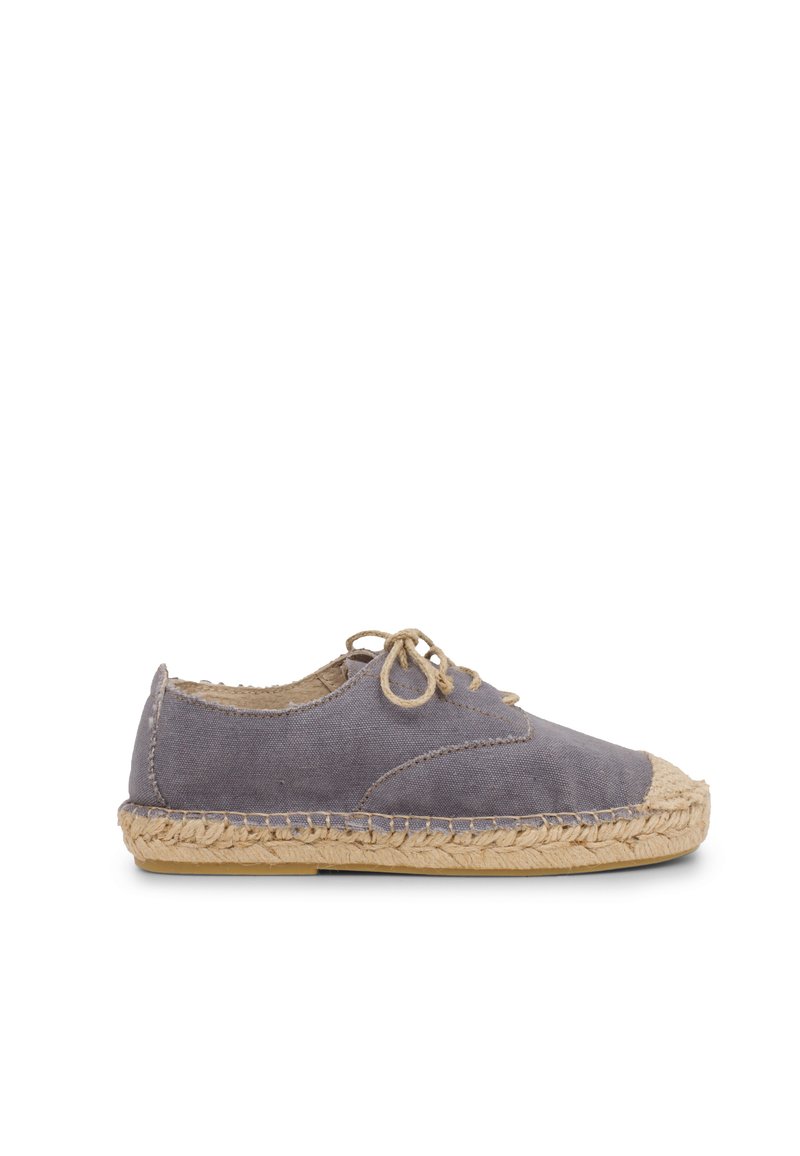 Gray canvas espadrille shoe with woven jute outsole, rounded toe, and lace-up design. Features a soft, unlined interior.