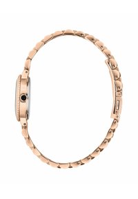 Orologio da polso in oro rosa con quadrante rotondo, lunetta testurizzata e cinturino composto da maglie intrecciate a forma di goccia. Dotato di corona nera.