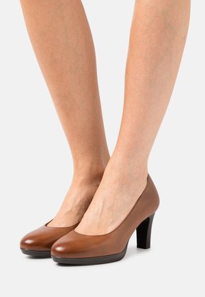 Brown leather high heel shoes featuring a rounded toe, smooth texture, and a stacked wooden heel. The design is simple yet elegant.