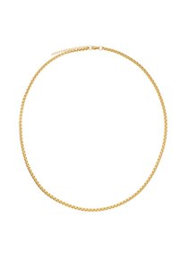 Collana in oro con design arrotondato e piatto, caratterizzata da maglie intrecciate. Texture liscia e finitura lucida, adatta per un abbigliamento casual o formale.