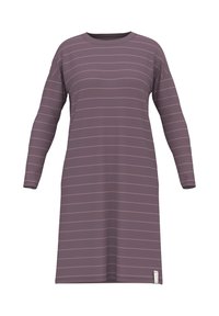 Long-sleeve dress in muted purple fabric with horizontal pink stripes. Features a crew neck and a straight cut, with a tag on the hem.