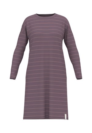 Long-sleeve dress in muted purple fabric with horizontal pink stripes. Features a crew neck and a straight cut, with a tag on the hem.
