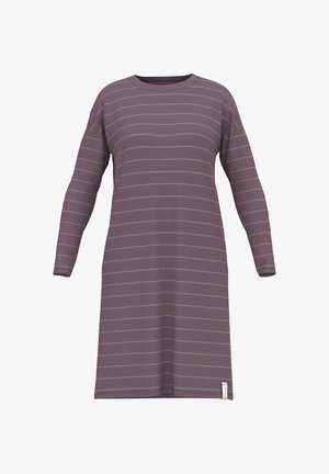 Langärmliges Kleid aus gedämpftem lila Stoff mit horizontalen pinken Streifen. Es hat einen Rundhalsausschnitt und einen geraden Schnitt, mit einem Etikett am Saum.