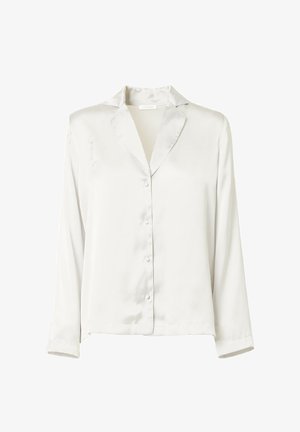 White satin long-sleeve shirt with a collared neckline, front button closure, and a smooth, glossy texture. Simple and minimal design.
