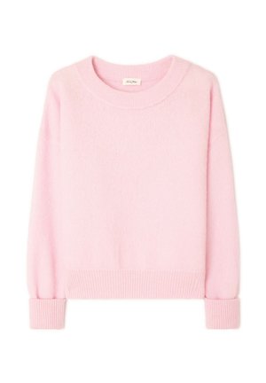 Rosa Strickpullover mit rundem Ausschnitt, gerippten Bündchen und Saum. Weiche Textur, lange Ärmel und lockere Passform.
