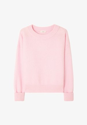 Pull en tricot rose avec un col rond, des poignets et un ourlet côtelés. Texture douce, manches longues et coupe décontractée.