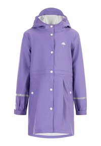 Violetinis nepralaidus lietaus paltas su gobtuvu, spaustukais, tekstūruotu pamušalu, dviem šoninėmis kišenėmis ir atspindinčiais akcentais ant rankovių.