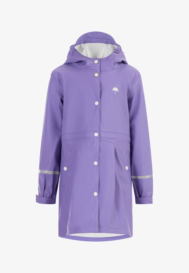 Violetinis nepralaidus lietaus paltas su gobtuvu, spaustukais, tekstūruotu pamušalu, dviem šoninėmis kišenėmis ir atspindinčiais akcentais ant rankovių.