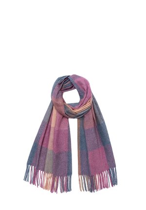 Soft woven scarf with a checkered pattern in shades of purple, blue, and pink, featuring long fringe on both ends.