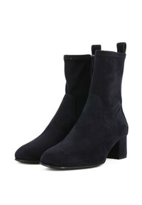 Stivali alla caviglia in camoscio blu navy con tacco quadrato, dotati di una cerniera laterale e design elegante e minimalista.