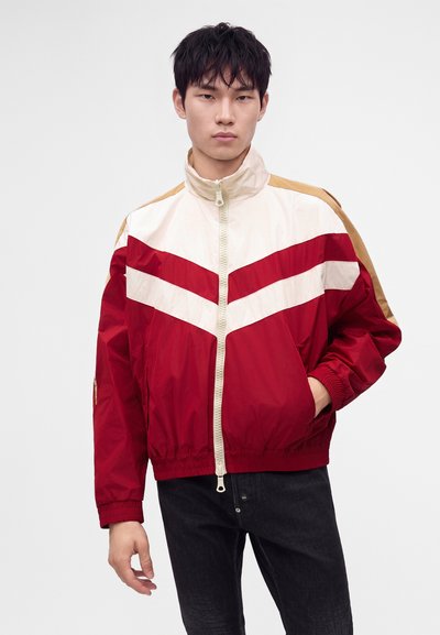 Jeune homme aux cheveux noirs et courts, portant une veste zippée rouge, beige et blanche avec des rayures en chevron, debout devant un fond uni.