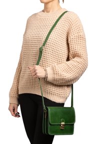 Borsa a tracolla verde in pelle con chiusura a pattina e accessori in oro. Forma strutturata, texture liscia e dettagli di cucitura a contrasto.