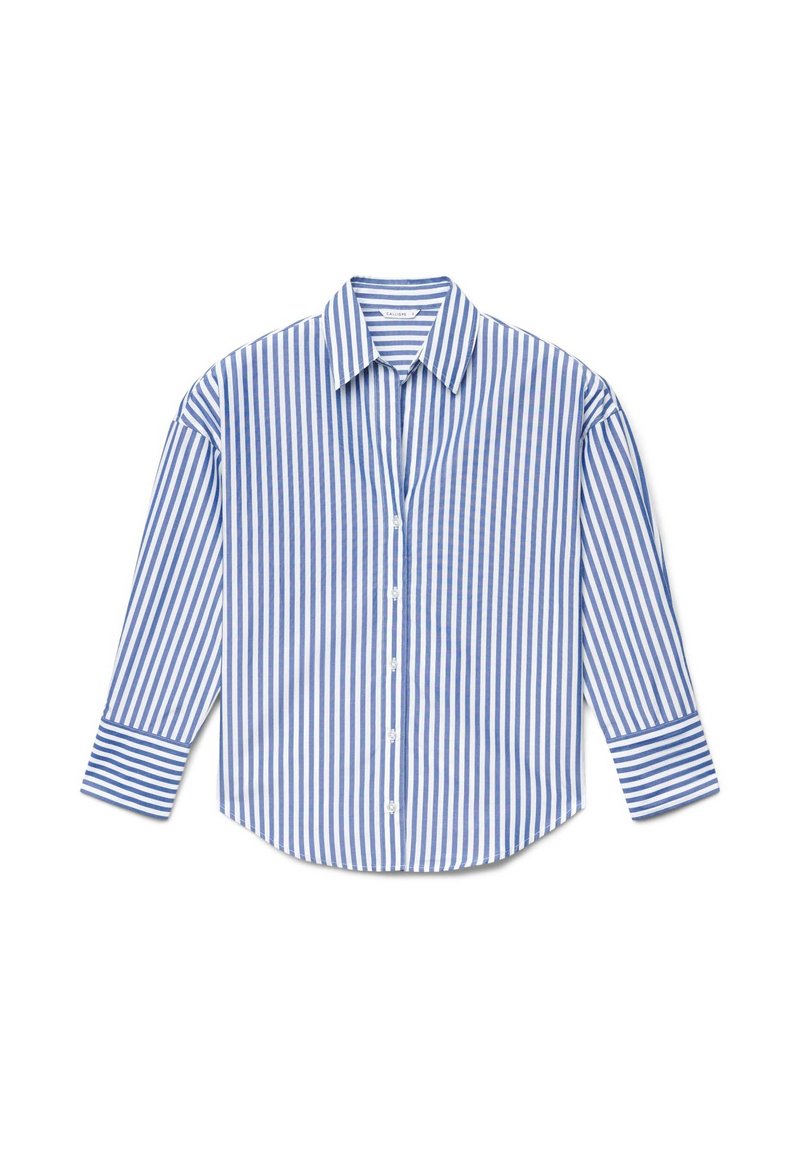 Blue and white striped shirt with a collared neckline, full-length sleeves, and button front closure. Fabric appears smooth and lightweight.