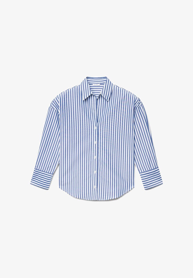 Blue and white striped shirt with a collared neckline, full-length sleeves, and button front closure. Fabric appears smooth and lightweight.