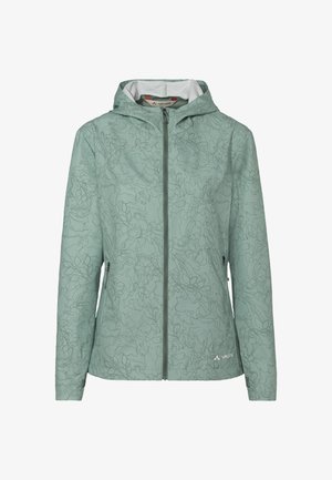 Lichtgroene damesjas met een subtiel abstract patroon, ritssluiting, capuchon en twee zijzakken. Gemaakt van lichtgewicht, ademend materiaal.