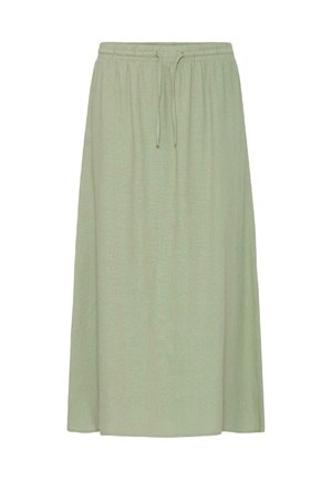 Jupe midi vert clair avec ceinture élastique et cordon de serrage, fabriquée en tissu doux et fluide.