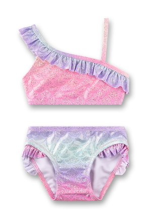 Maillot de bain deux pièces pour filles avec haut asymétrique et volants, motif écailles de sirène rose et violet avec un effet métallique.