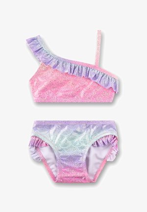 Mädchen-Badeanzug zweiteilig mit One-Shoulder-Oberteil und Rüschen, mit pink-lila Meerjungfrauen-Schuppenmuster und metallischem Schimmer.