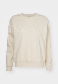 Sudadera de manga larga color crema con puños y dobladillo acanalados, que presenta un gran texto embozado "LOVE" en el pecho.